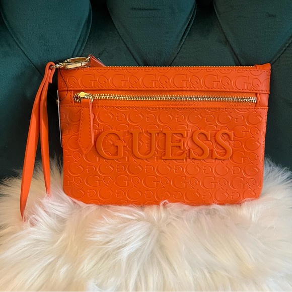Guess Orange Embossed Wrislet Bag Zipper Closure - Picture 1 of 11